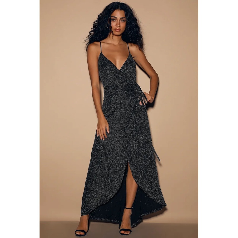 Lulus Celestial Black and Silver Metallic Wrap Maxi Dress Medium Formal Dance